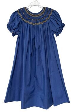Vintage Rosalina Collection Blue Smocked Embroidered Short Sleeve Girls Dress 6Y